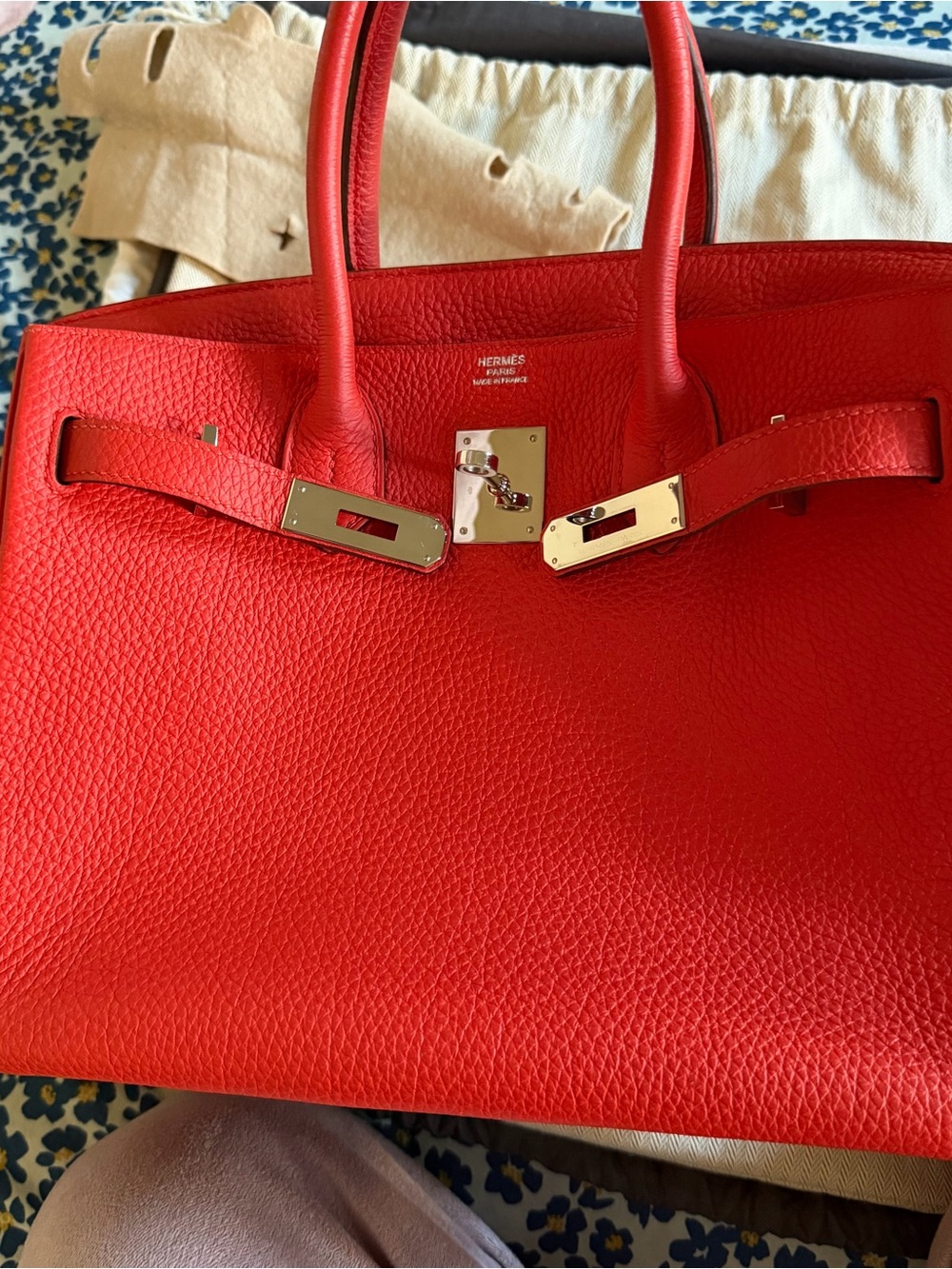 HERMÈS Birkin Rouge Casque Pebbled Leather Satchel Top Handle Silver HW Dust Bag